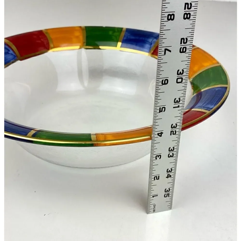 Handpainted Colorful Gold Rim Clear Glass Serving Bowl 13in W x 4in H BC1545